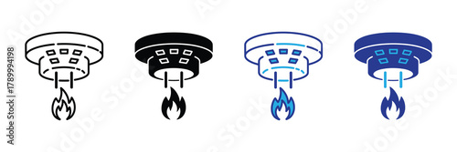 Smoke detector and flame icon set in various styles for fire safety and alarm system design elements isolated on white background