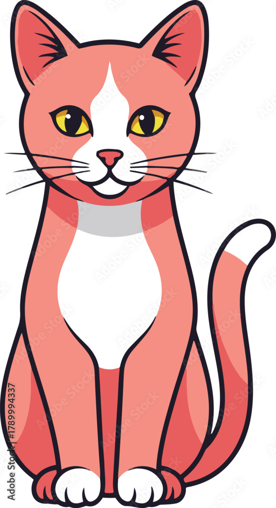 Obraz premium a sleek pink and white cat with yellow eyes, sitting upright and looking directly forward.