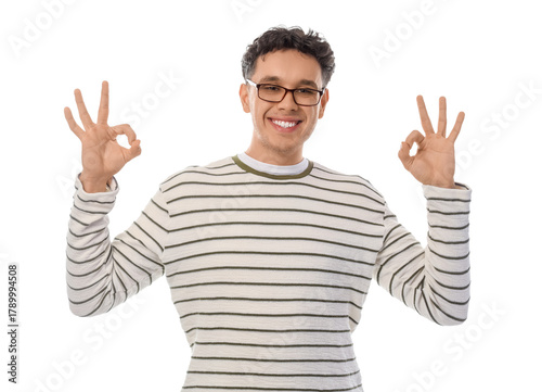 Young man in eyeglasses sho...
