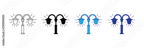 Double street lamp icon set with outline, solid black, blue, and dark blue variations, glowing light isolated on white background