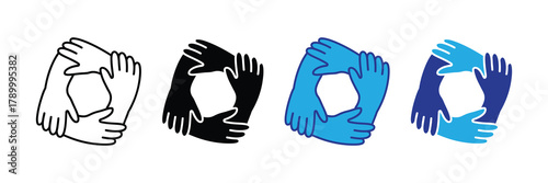 Teamwork hand circle logo concept vector set, four hands together illustrating collaboration, unity isolated on white background
