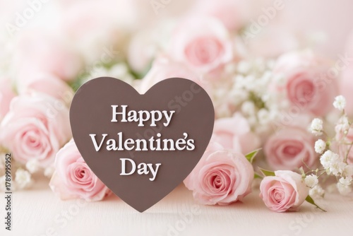 Chocolate heart shape with Happy Valentines Day text surrounded by pink roses soft light background perfect for romantic greetings cards and holiday marketing visuals