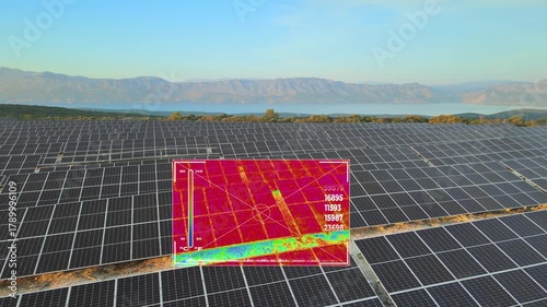 Drone with infrared thermal camera inspecting malfunction and efficiency of solar panels. Aerial