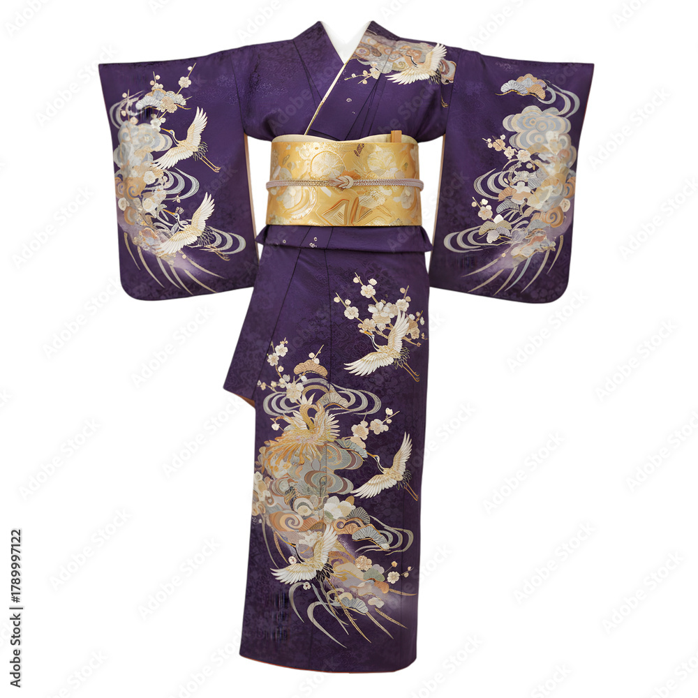 Naklejka premium Elegant Purple Kimono with Gold and Silver Floral and Wave Motifs Isolated on Transparent Background