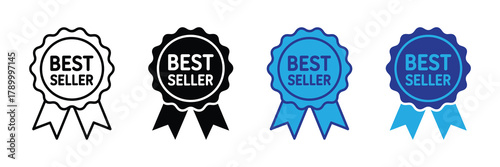 Best seller vector badges set, including outline, solid black, blue, and dark blue variations, award icons isolated on white. isolated on white background