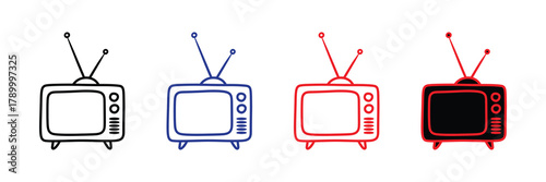 Hand drawn retro television set icons in various outline colors, classic old tv vector doodle illustration on white isolated on white background