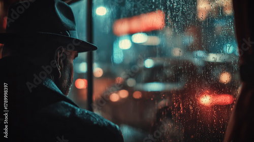 Through rain covered glass a detective gazes into the night city where dim lights flicker against the moody darkness.
