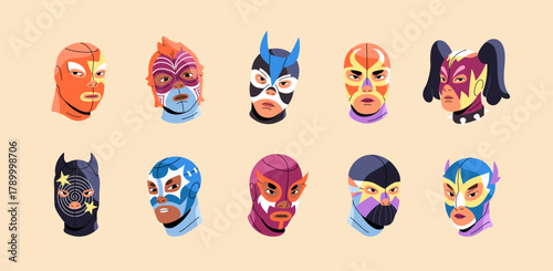 Lucha libre set. Professional fighters of no rules wrestling. Heads of Mexican wrestlers in ornamented masks. Men and women in costumes for crazy fight show. Flat isolated vector illustrations
