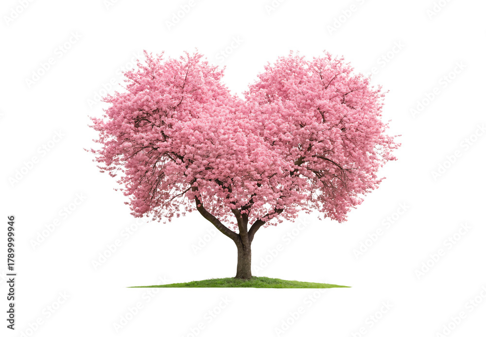 Fototapeta premium Mature flowering sakura tree with dense pink blossoms spreading wide on gentle hill mound, isolated on a transparent background