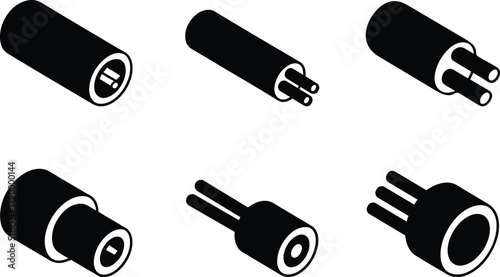 Various electrical cables and connectors in black and white isometric view