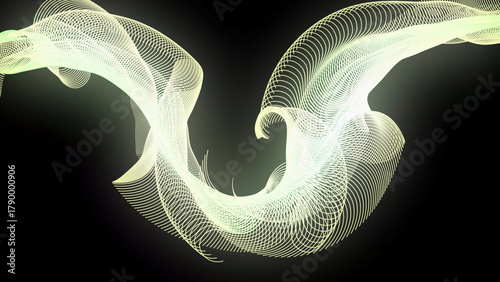 Abstract flowing pale yellow and white wavy lines on black background bright curve