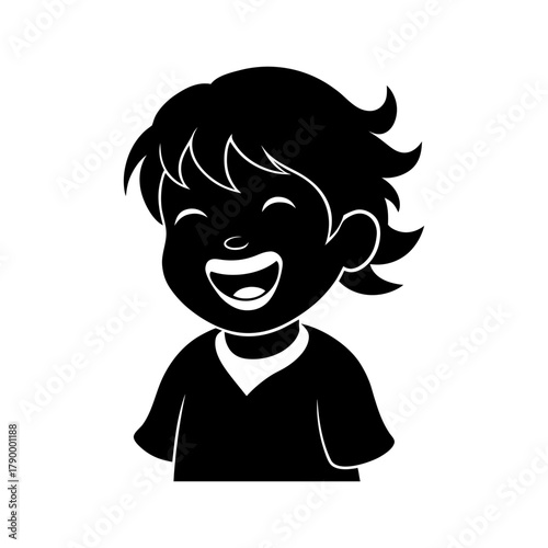 Happy cartoon boy laughing with joy silhouette isolated on white background