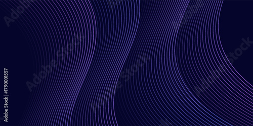 Dark abstract background with glowing wave. Shiny moving lines design element. Modern purple blue gradient flowing wave lines.