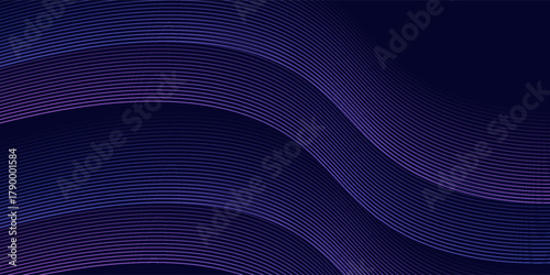 Dark abstract background with glowing wave. Shiny moving lines design element. Modern purple blue gradient flowing wave lines. Futuristic technology concept. Vector illustration