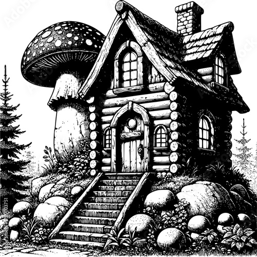 Enchanted Mushroom House: This detailed illustration of an enchanting mushroom house evokes a sense of wonder and fantasy. A whimsical dwelling nestled amidst nature.