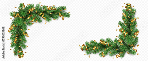 Vector realistic pine tree branches with golden confetti and ribbons isolated on a transparent background. Holiday Christmas tree garland for winter decoration banner, poster, greeting card.