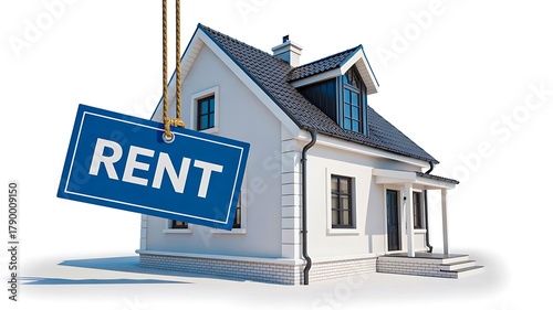 White house model with hanging rent sign representing real estate and property rental concept
