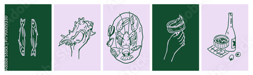 Dolce vita poster designs set. Italian coastal sea food, holiday drink, vertical cards with outline sketches in doodle style. Seafood, sardines, lobster, limoncello drawings. Drawn vector illustration