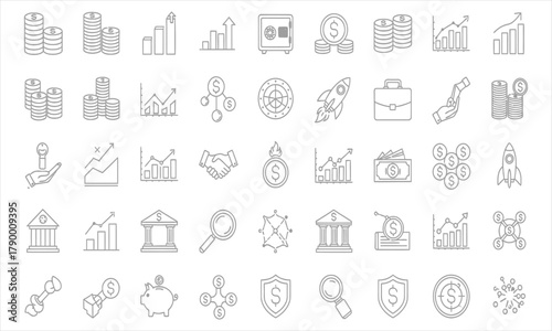 Comprehensive collection of business and finance line icons, perfect for representing investment, banking, growth, and secure transactions in modern digital projects and presentations