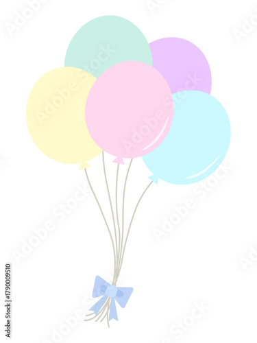 カラフルでシンプルな風船を水色のリボンで束ねているイラスト