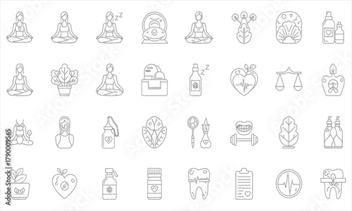 Line art collection of wellness, health, and natural lifestyle icons featuring yoga, plants, and balance