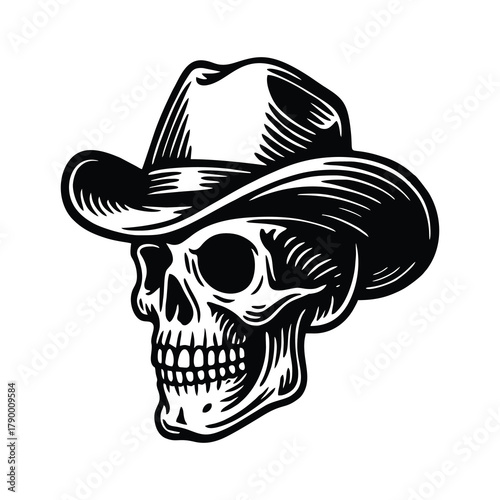 Black and white skull wearing a classic western cowboy hat illustration.