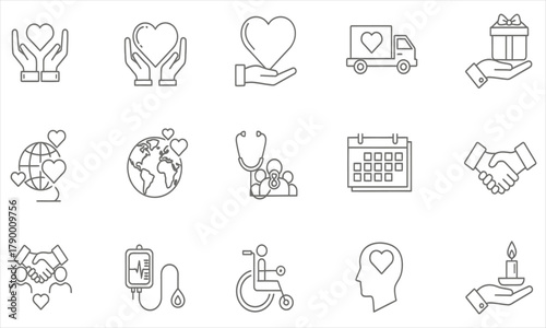 Set of Line Icons Representing Charity, Healthcare, and Social Support Services