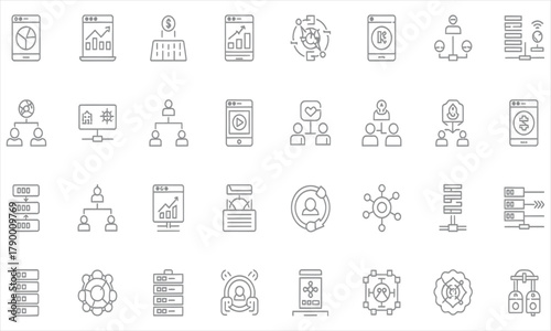 Outline Icon Set Representing Business, Technology, and Data Management Concepts