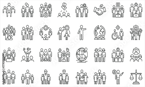 Modern line art icon set depicting diverse people groups, teamwork, social connections, and business concepts. Ideal for corporate presentations and community engagement graphics