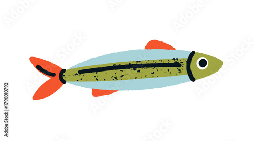 Sardine fish, sea and ocean water animal in retro doodle style. Mediterranean and Atlantic food, seafood. Healthy marine nutrition. Flat vector illustration isolated on white background