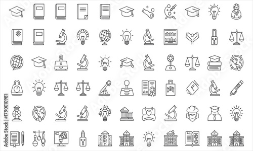 Comprehensive collection of diverse education, science, and academic line icons, illustrating knowledge, learning, and research concepts for modern digital resources and projects