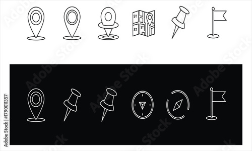 Set of map pins, pushpins, compass and flag icons on white and black backgrounds