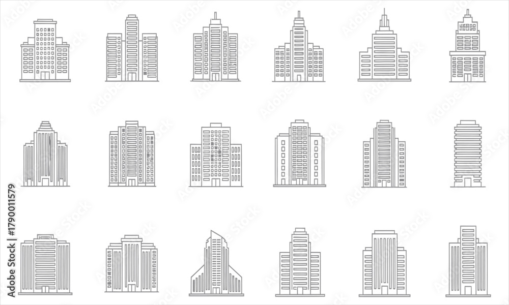 Naklejka premium Architectural Diversity Outlined Skyscraper Silhouettes for Urban Design and Cityscapes