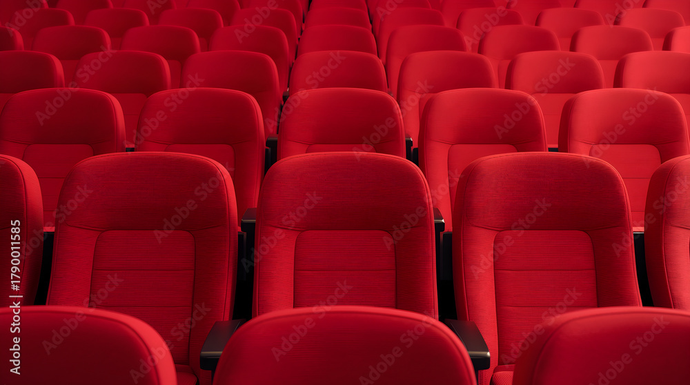 Fototapeta premium Rows of plush red seats await in a grand theater or auditorium, perfect for showcasing entertainment, performances, or corporate presentations