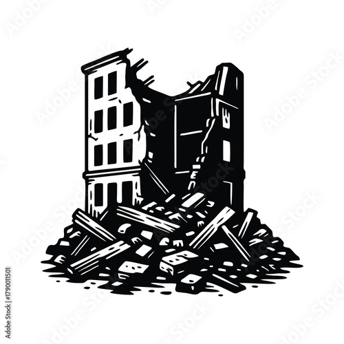 Black and white illustration of a destroyed building collapsing into rubble.