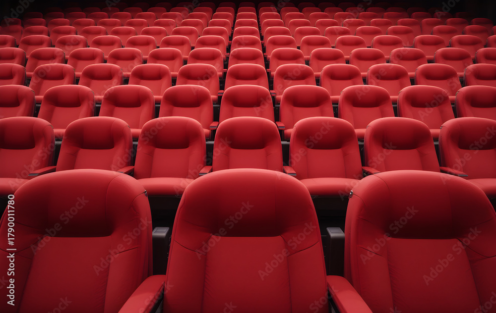Fototapeta premium Rows of plush red seating await moviegoers in a classic theater, promising an immersive cinematic experience for entertainment and leisure events