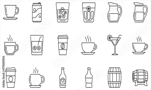 Collection of simple line icons representing various beverages, cups, mugs, and containers