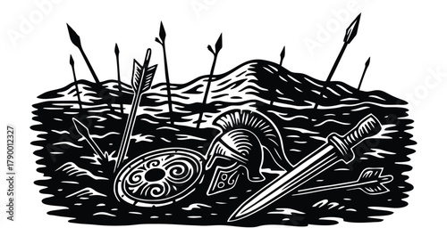 Black and white illustration of ancient battlefield with scattered weapons and armor.