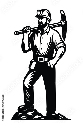 Black and white illustration of a determined miner holding a pickaxe.