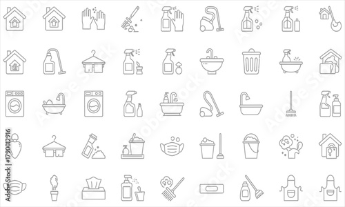 Set of household cleaning icons featuring home maintenance and hygiene tools