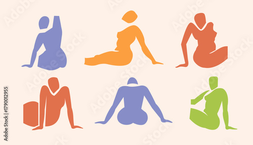 Woman contemporary abstract figures silhouette, hand drawn cut out feminine form different poses. Flat collage mid-century style, applique unique design, female shape poster, decorative art. Isolated.
