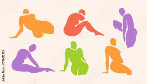 Woman contemporary abstract figures silhouette, hand drawn cut out feminine form different poses. Flat collage mid-century style, applique unique design, female shape poster, decorative art. Isolated.