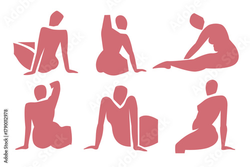 Woman contemporary abstract figures silhouette, hand drawn cut out feminine form different poses. Flat collage mid-century style, applique unique design, female shape poster, decorative art. Isolated.