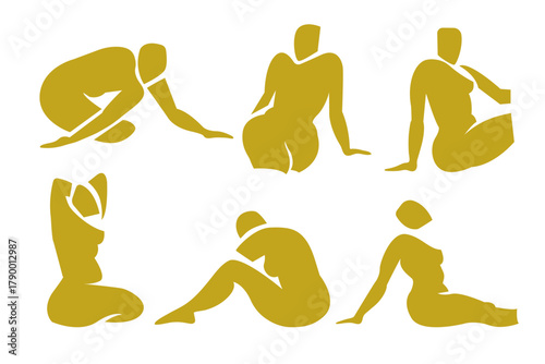 Woman contemporary abstract figures silhouette, hand drawn cut out feminine form different poses. Flat collage mid-century style, applique unique design, female shape poster, decorative art. Isolated.