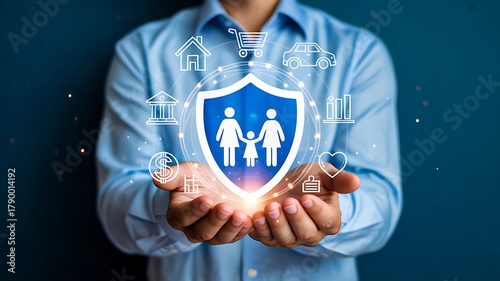 Hands holding glowing shield with family icons representing insurance protection
