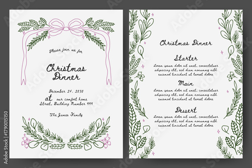 Christmas dinner invitation with branches, ribbon bow, winter floral frame. Minimalist vintage line art style perfect for invitation, card, greetings, menu or cover.