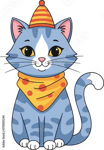 a festive blue-gray tabby cat wearing a striped party hat and a yellow polka-dot bandana, sitting and smiling.