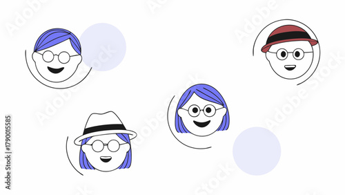 Illustration of cartoon faces with hats and glasses, with speech bubbles, on a white background
