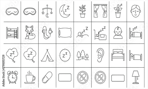 Sleepy time icons set depicting sleep aids, bedtime rituals, dreams, and relaxation in a linear style