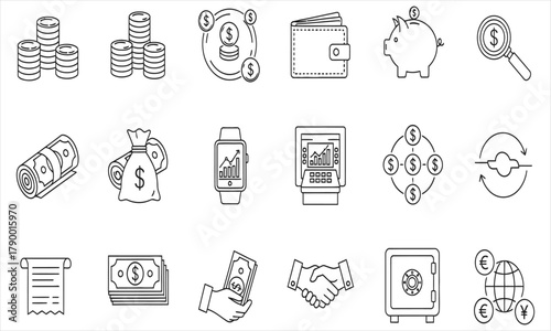 Financial Icons Set Illustrative collection depicting wealth, money, and banking related concepts and elements